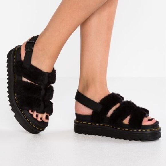 Dr. Martens Yelena Black Teddy Faux Fur Strap Lug Sole Sandals Sz 7 - Picture 2 of 9